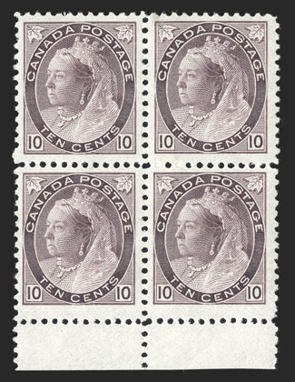 83, 1898 10c Brown violet Numeral, bottom margin block of four, lovely fresh color, o.g., top stamps are lightly hinged and very fine, bottom stamps are never hinged and fine
(Unitrade C$2,300.00+).