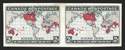 85a, 1898 2c Black, lavender and carmine Imperial Penny Postage, imperforate, without gum as issued, horizontal pair with large margins all around, attractive colors, very fine
(Unitrade C$700.00).