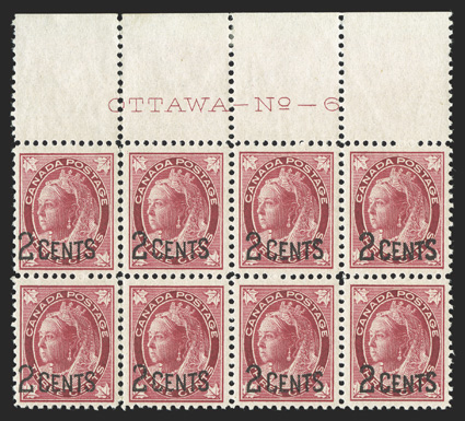 87, 1899 2 Cents surcharge on 3c Carmine Maple Leaf, top margin imprint and plate No. 6 block of eight, exceptionally well centered, bright color, o.g., six stamps n.h., some
perf. separations at top left, very fine cataloged simply as eigh