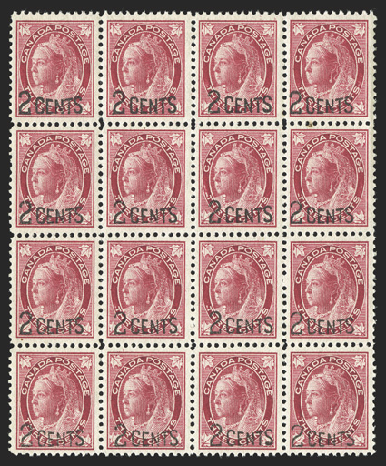 87, 1899 2 Cents surcharge on 3c Carmine Maple Leaf, mint block of sixteen, well centered throughout, including some choice large-margined stamps, bright color, o.g., n.h.,
very fine-extremely fine (Unitrade C$1,440.00+).