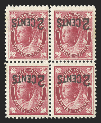 87 var., 88 var., 1899 2 Cents surcharges on both 3c Types, inverted surcharges, mint blocks of four of each, o.g., n.h., fine-very fine there is some disagreement over whether
these inverted surcharges are genuine errors, deliberately made o