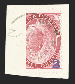 88C, 1899 2(c) Violet Port Hood handstamp surcharge on 23 of 3c Carmine, tied to piece by Port HoodN.S.Ja 599 first day c.d.s., bright and fresh, very fine a pleasing and
highly desirable example of this rare provisional 2008 RPS certi