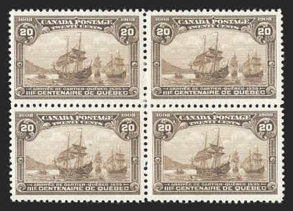 96-103, 1908 ½c-20c Quebec Tercentenary, cplt. in mint blocks of four, well centered throughout, fresh colors, o.g., most are lightly hinged, 20c with a tiny thin speck on one
stamp, very fine-extremely fine a wonderfully choice set of blocks (