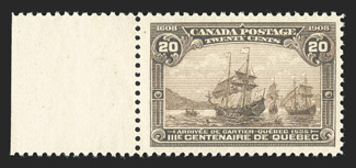 Unitrade 103i, 1908 20c Tercentenary, major re-entry, left sheet-margin single being position 41 on the sheet, showing doubling at the top right corner, exceptionally fresh,
o.g., n.h., very fine a scarce variety.