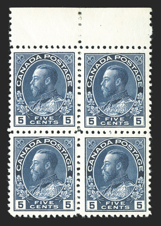 111a, 1912 5c Indigo, first printing, top sheet-margin block of four, intense color and impression on pristine white paper, o.g., n.h. except the top right stamp with just a
faint trace of hinging, very fine (Unitrade C$4,400.00).