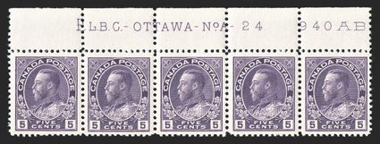 112, 1922 5c Violet, wet printing, top margin imprint and plate No. A-24 strip of five, exceptionally well centered and margined, strong color, o.g., n.h., right stamp with
tiny adherence on gum, very fine cataloged as five singles (Unitrade C$