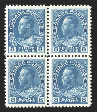 115, 1925 8c Blue, dry printing, mint block of four, beautifully centered and margined, deep intense color and impression, o.g., top stamps hinged, bottom stamps never hinged,
extremely fine and choice (Unitrade C$480.00+).