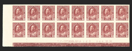 138, 1924 3c Carmine, imperforate, bottom margin imprint and plate No. 128 block of sixteen, deep intense color, large margins, o.g., n.h. except top left stamp lightly hinged
(the plate block of eight is never hinged), extremely fine and handso