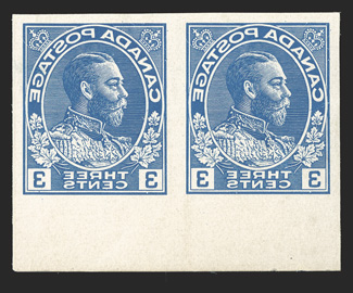 1928 3c Eckerlin reversed essays, four different colors (light blue, dark blue, green and black) in sheet-margin horizontal pairs, a few minor flaws confined to the sheet
selvages only, a fresh and very fine group of these eye-catching essays.