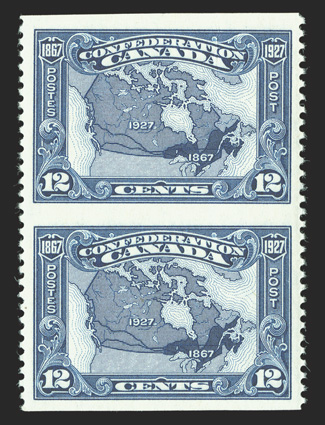 141c-145c, 1927 1c-12c Confederation, imperforate horizontally, cplt. in vertical pairs, remarkably well centered and fresh throughout, o.g., n.h., extremely fine a marvelously
choice set of these scarce perforation errors (Unitrade C$1,200.00)