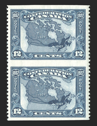 141c-145c, 1927 1c-12c Confederation, imperforate horizontally, cplt. in vertical pairs, well centered and fresh, o.g., n.h., very fine (Unitrade
C$1,200.00).