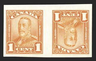Unitrade 149cvi, 1928 1c Orange, imperforate tete-beche pair with narrow gutter, large margins all around, bright and fresh, o.g., l.h., very fine.