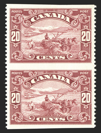 157c, 1929 20c Dark carmine, imperforate horizontally, vertical pair, flawlessly centered, deep vibrant color, o.g., n.h., an extremely fine and uncommonly choice example of
this error (Unitrade C$375.00).