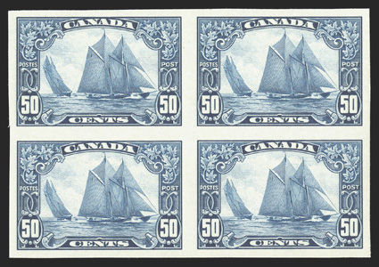 158a, 1929 50c Dark blue Bluenose, imperforate, mint block of four, large and especially even margins all around, marvelously bright and fresh, pristine o.g., n.h., extremely
fine a gem example of this scarce imperforate block (Unitrade C$3,0