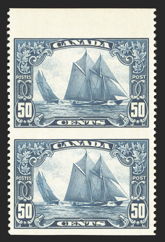 158c, 1929 50c Dark blue Bluenose, imperforate horizontally, top sheet-margin vertical pair, well centered, strong rich color, o.g., n.h., small light pencil notation on gum
mentioned only for strict accuracy, very fine (Unitrade C$1,500.00).