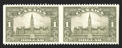 159b, 1929 $1.00 Olive green Parliament, imperforate vertically, an especially desirable horizontal pair of this scarce error, outstanding centering, brilliantly rich color,
flawless o.g., n.h., extremely fine (Unitrade C$1,350.00).