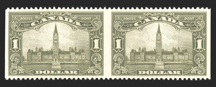 159b, 1929 $1.00 Olive green Parliament, imperforate vertically, another select horizontal pair, exceptionally well centered, lovely rich color, pristine o.g., n.h., very fine
and choice (Unitrade C$1,350.00).