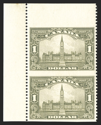 159c, 1929 $1.00 Parliament, imperforate horizontally, top left corner margin vertical pair, well centered, wonderfully fresh, o.g., lightly hinged, very fine and choice an
especially handsome example of this scarce error (Unitrade C$900.00).