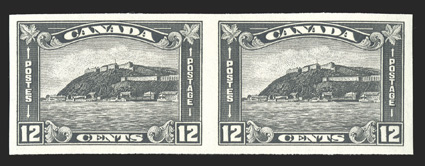174a, 1930 12c Gray black, imperforate, horizontal pair, large margins all around, fresh color, o.g., n.h., very fine (Unitrade C$2,500.00).