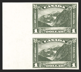 177a, 1930 $1.00 Dark olive green Mt. Edith Cavell, imperforate, left sheet-margin vertical pair, deeply rich color, o.g., lightly hinged, bottom stamp with trivial natural
paper wrinkle, very fine (Unitrade C$1,250.00).