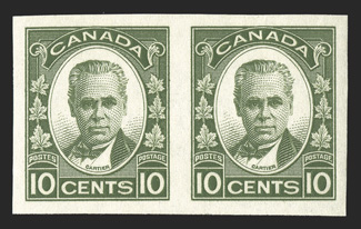 190a, 1931 10c Dark green, imperforate, horizontal pair, large margins on all four sides, impressively rich color, o.g., n.h., extremely fine (Unitrade
C$1,300.00).
