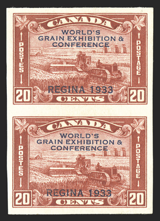 203a, 1933 20c Grain Exhibition ovpt., imperforate, vertical pair with large margins around, strong color, o.g., l.h., very fine (Unitrade C$800.00).