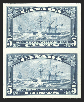 204a, 1933 5c Royal William, imperforate, vertical pair, brilliantly fresh, large margins, very fine (Unitrade C$1,200.00).