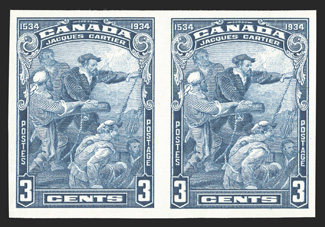 208a, 1934 3c Cartier, imperforate, horizontal pair, large even margins, exceptionally fresh, o.g., n.h., very fine (Unitrade C$1,600.00).