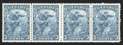 Unitrade 208iv, 1934 3c Cartier, wide gutter strip of four, the center pair with the wide spacing that was intended as a gutter but was instead perforated, well centered,
bright and fresh, o.g., n.h., very fine.
