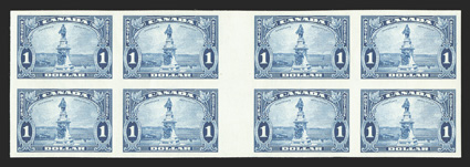 Unitrade 227ii, 1935 $1.00 Champlain, imperforate gutter block of eight, large balanced margins all around, immaculately fresh, o.g., n.h., there is a tiny bit of red offset on
gum mentioned strictly for accuracy, extremely fine a marvelous and