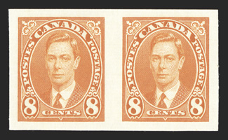 231c-236a, 1937 1c-8c King George VI, imperforate, cplt. in horizontal pairs, all with large even margins around, lovely bright colors, o.g., n.h., a very fine and choice set
of these scarce imperforate pairs (Unitrade C$3,600.00).