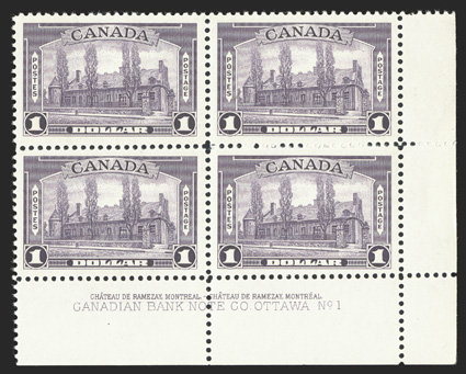 245, 1938 $1.00 Dull violet, bottom right corner plate No. 1 block of four, well centered and fresh, o.g., n.h., very fine (Unitrade C$900.00).