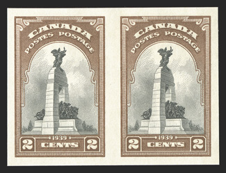 247a, 1939 2c Royal Visit, imperforate, horizontal pair, large and exceptionally well balanced margins all around, strong rich colors, o.g., n.h., extremely fine (Unitrade
C$1,050.00).