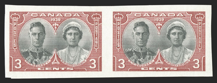 248a, 1939 3c Royal Visit, imperforate, horizontal pair, large margins around, rich colors, o.g., n.h., very fine (Unitrade C$1,050.00).