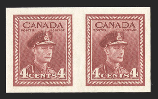 254c, 1943 4c Dark carmine, imperforate, horizontal pair, large even margins, deep color, o.g., n.h., extremely fine (Unitrade C$600.00).