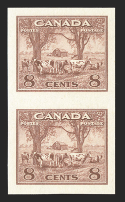 256a, 1942 8c Brown, imperforate, vertical pair, quite fresh, large margins, o.g., n.h., extremely fine (Unitrade C$600.00).