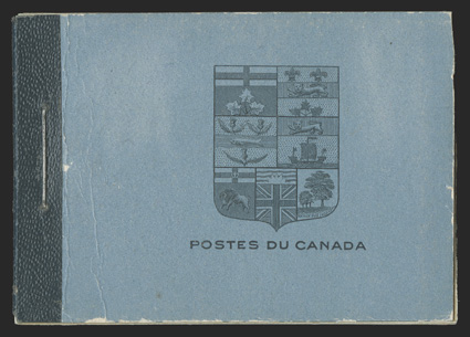 Unitrade BK9a, 1922 Booklet of panes of 105a, 107b and 108a, in French, complete booklet, front cover with slight wear and light bend at left, a fine example of this scarce
booklet.