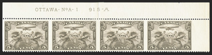 C1b, 1928 5c Brown olive air post, imperforate vertically, top margin Plate No. A-1 strip of four, rich color, o.g., end stamps never hinged, middle stamps with hinge
reinforcements due to a vertical cut down the center of the strip, very fine (