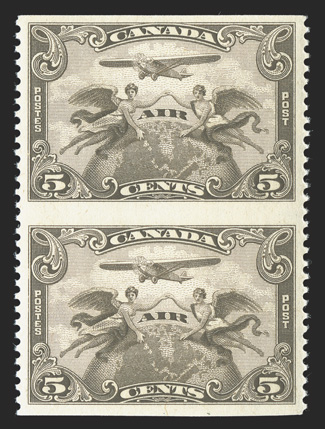 C1c, 1928 5c Brown olive air post, imperforate horizontally, vertical pair, well centered, rich color, o.g., n.h., very fine (Unitrade C$450.00).