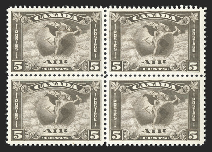 C2, 1930 5c Olive brown air post, mint block of four, well centered, strong color, o.g., n.h., very fine (Unitrade C$960.00).