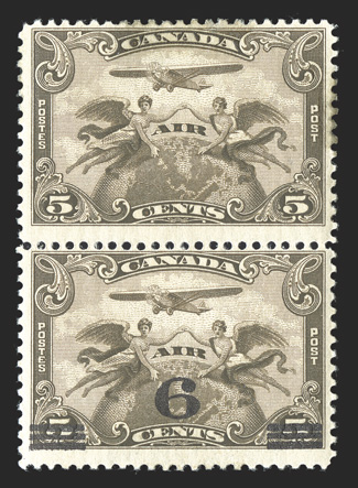 C3d, 1932 6 Surcharge on 5c Brown olive, pair, one without surcharge, vertical pair with the top stamp lacking the surcharge, centered to the top as usual, rich color, o.g.,
n.h., top stamp with a few slightly stained perfs. at right, otherwis