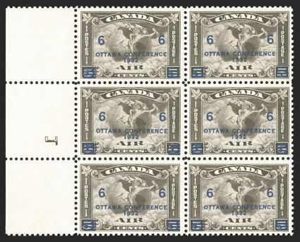 C4, 1932 6c on 5c Ottawa Conference air post, left margin block of six with reversed 1 in margin, well centered, deep color, o.g., n.h., very fine.