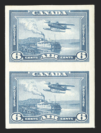 C6a, 1938 6c Blue air post, imperforate, vertical pair, large margins all around, o.g., n.h., slight gum foxing, very fine (Unitrade C$1,200.00).