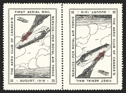 CLP2a, 1918 25c Black Aero Club of Canada, tete-beche pair, wonderfully fresh, excellent centering, o.g., one stamp is lightly hinged and one stamp is never hinged, very fine a
scarce and striking tete-beche pair 2010 Greene Foundation certifi