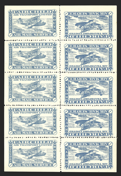 CL12c, 1926 (25c) Fairchild Air Transport Ltd., tete-beche pane of ten, with one column in a darker shade, o.g., n.h., a few minor perf. separations, very fine (Unitrade
C$1,450.00).