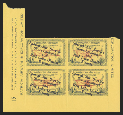 CL25f, 1926 (50c) Patricia Airways, third O of Lookout malformed, bottom left corner block of four, with the error being the bottom left stamp (position 7 in the sheet), with
full imprint at left, o.g., the key error stamp and two normal sta