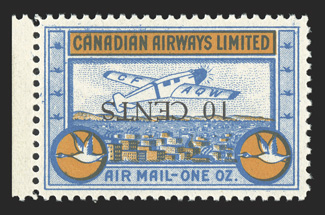 CL52a, Canadian Airways Ltd., 1934 10c on (10c) Blue and orange, surcharge inverted, left sheet margin single, brilliantly fresh, o.g., n.h., very fine and rare (Unitrade
C$1,500.00).