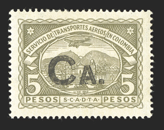 Colombia CLCA1-11, CFLCA1, 1923 5c-5P Scadta air post with C.A. overprints, cplt. including the registration stamp, well centered and fresh, o.g., five stamps (15c, 30c, 50c,
3P and the 20c registration stamp) are never hinged, others are ligh