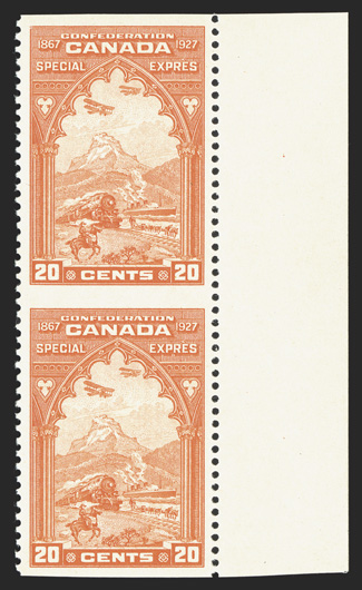 E3c, 1927 20c Orange special delivery, imperforate horizontally, handsome right sheet-margin vertical pair, beautifully centered, brilliant color, o.g., n.h., extremely fine
(Unitrade C$375.00).