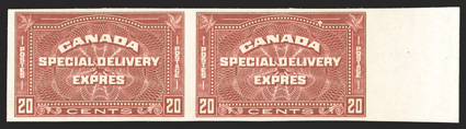 E5a, 1932 20c Henna brown special delivery, imperforate, right sheet-margin horizontal pair, full margins, o.g., n.h., very fine (Unitrade C$1,200.00).